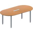 Schäfer Shop Genius Mesa de reuniones MODENA FLEX, ajustable en altura, forma ovalada, 4 patas de tubo cuadrado, An 2000 x P 1000 mm, cuadro de conexión de 6 tomas, acabado en haya