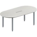 Schäfer Shop Genius Mesa de reuniones MODENA FLEX, ajustable en altura, forma ovalada, 4 patas de tubo cuadrado, An 2000 x P 1000 mm, cuadro de conexión de 6 tomas, gris luminoso