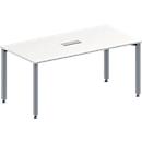 Schäfer Shop Genius Mesa de reuniones MODENA FLEX, ajustable en altura, forma rectangular, 4 patas de tubo cuadrado, An 1600 x P 800 mm, cuadro de conexión de 3 tomas, blanco