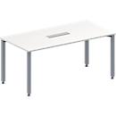 Schäfer Shop Genius Mesa de reuniones MODENA FLEX, ajustable en altura, forma rectangular, 4 patas de tubo cuadrado, An 1600 x P 800 mm, cuadro de conexión de 6 tomas, blanco