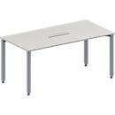 Schäfer Shop Genius Mesa de reuniones MODENA FLEX, ajustable en altura, forma rectangular, 4 patas de tubo cuadrado, An 1600 x P 800 mm, cuadro de conexión de 6 tomas, gris luminoso