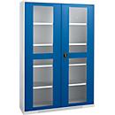 Schäfer Shop Genius metalen materiaalkast FS, met kijkvenster, ventilatiegaten, B 1343 x D 520 x H 1950 mm, 5 OH, tot 750 kg, blank alu.kleurig/gentiaanblauw