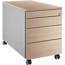 Schäfer Shop Genius Rollcontainer 1233, 3 Schubladen, 1 Utensilienauszug, Zentralverschluss, seitliche Griffnut, B 435 x T 765 x H 577 mm, weissalu/Eiche-Dekor