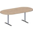 Schäfer Shop Genius Table de conférence MODENA FLEX, ovale, pied en T tube rond, L 2000 x P 1000 x H 650-850 mm, décor chêne/aluminium blanc RAL 9006