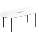 Schäfer Shop Genius Table de réunion MODENA FLEX, hauteur ajustable, bloc prise six entrées, en forme d'ovale, 4 pieds avec tubes ronds, 2000 x 1000 mm, blanc