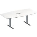 Schäfer Shop Genius Table de réunion MODENA FLEX, hauteur ajustable, bloc prise trois entrées, forme bateau, pieds en T avec tubes rectangulaires, l. 2000 x P 1000/800 mm, blanc