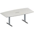 Schäfer Shop Genius Table de réunion MODENA FLEX, hauteur ajustable, bloc prise trois entrées, forme bateau, pieds en T avec tubes rectangulaires, l. 2000 x P 1000/800 mm, gris clair