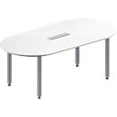 Schäfer Shop Genius Table de réunion MODENA FLEX, hauteur ajustable, en forme d'ovale, 4 pieds avec tubes carrés, l. 2000 x P 1000 mm, bloc prise six entrées, blanc