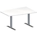 Schäfer Shop Genius Table de réunion MODENA FLEX, hauteur ajustable, en forme de tonneau, pieds en T avec tubes rectangulaires, l. 1400 x P 1000 mm, blanc