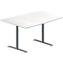 Schäfer Shop Genius Table de réunion MODENA FLEX, hauteur ajustable, en forme de tonneau, pieds en T avec tubes ronds, l. 1400 x P 1000 mm, blanc 