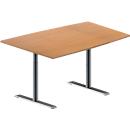 Schäfer Shop Genius Table de réunion MODENA FLEX, hauteur ajustable, en forme de tonneau, pieds en T avec tubes ronds, l. 1400 x P 1000 mm, coloris hêtre 