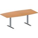 Schäfer Shop Genius Table de réunion MODENA FLEX, hauteur ajustable, forme bateau, pieds en T avec tubes rectangulaires, l. 2000 x P 1000/800 mm, coloris hêtre 
