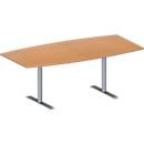 Schäfer Shop Genius Table de réunion MODENA FLEX, hauteur ajustable, forme bateau, pieds en T avec tubes ronds, l. 2000 x P 1000/800 mm, coloris hêtre