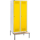 Schäfer Shop Genius Taquilla con banco, 2 compartimentos, anchura compartimento 300 mm, cerradura de cilindro, gris luminoso/amarillo