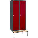 Schäfer Shop Genius Taquilla con banco, 2 compartimentos, anchura compartimento 400 mm, cerradura de cilindro, antracita/rojo rubí