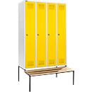 Schäfer Shop Genius Taquilla con banco, 4 compartimentos, anchura compartimento 300 mm, cerradura de cilindro, gris luminoso/amarillo