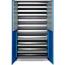Schäfer Shop Genius tijdschriftenkast FS, 5 OH, afsluitbaar, 10 legborden, 2 geperforeerde legborden, tot 450 kg, B 1055 x D 520 x H 1950 mm, blank aluminium/ gentiaanblauw