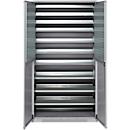 Schäfer Shop Genius tijdschriftenkast FS, 5 OH, afsluitbaar, 10 legborden, 2 geperforeerde legborden, tot 450 kg, B 1055 x D 520 x H 1950 mm, blank aluminium/wit aluminium