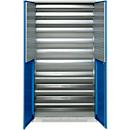 Schäfer Shop Genius tijdschriftenkast FS, 5 OH, afsluitbaar, 10 legborden, 2 geperforeerde legborden, tot 450 kg, B 1055 x D 520 x H 1950 mm, lichtgrijs/gentiaanblauw