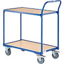Schäfer Shop Genius Tischwagen 2740, 2 Etagen, L 850 x B 500 mm, bis 300 kg, 2 Schiebebügel, Lenk- & Bockrollen, Holz & Stahl, brillantblau RAL 5007