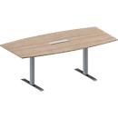Schäfer Shop Genius vergadertafel MODENA FLEX, 6-voudige aansluiting, bootvorm, T-voet met rechthoekige buis, B 2000 x D 1000/800, H 650-850 mm, eikenhouten decor/blank aluminium