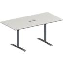 Schäfer Shop Genius Vergadertafel MODENA FLEX, in hoogte verstelbaar, 3-voudige contactdoos, rechthoekige vorm, T-poot ronde buis, B 1600 x D 800 mm, lichtgrijs
