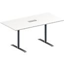 Schäfer Shop Genius Vergadertafel MODENA FLEX, in hoogte verstelbaar, 3-voudige contactdoos, rechthoekige vorm, T-poot ronde buis, B 1600 x D 800 mm, wit
