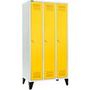 Schäfer Shop Genius Vestiaire sur pieds, 3 compartiments, largeur de compartiment 300 mm, serrure à cylindre, gris clair/jaune colza
