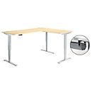 Schäfer Shop Genius Winkelschreibtisch AERO FLEX, elektrisch höhenverstellbar, 90° Winkel, C-Fuß, B 2000 x T 1600 mm, Ahorn-Dekor/weißaluminium, Memorypanel + Kabelkanal