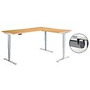Schäfer Shop Genius Winkelschreibtisch AERO FLEX, elektrisch höhenverstellbar, 90° Winkel, C-Fuß, B 2000 x T 1600 mm, Buche-Dekor/weißaluminium, Memorypanel + Kabelkanal
