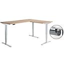 Schäfer Shop Genius Winkelschreibtisch AERO FLEX, elektrisch höhenverstellbar, 90° Winkel, C-Fuß, B 2000 x T 1600 mm, Eiche-Dekor/weißaluminium, Memorypanel + Kabelkanal