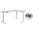 Schäfer Shop Genius Winkelschreibtisch AERO FLEX, elektrisch höhenverstellbar, 90° Winkel, C-Fuß, B 2000 x T 1600 mm, lichtgrau/weißaluminium, Memorypanel + Kabelkanal