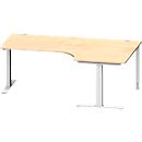 Schäfer Shop Genius Winkelschreibtisch MODENA FLEX, 90° Winkel rechts, T-Fuß Rechteckrohr, B 2000 x T 1200/800 x H 650-850 mm, Ahorn/weißalu