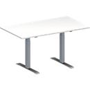 Schäfer Shop Mesa de conferencias Genius MODENA FLEX, rectangular, tubo rectangular con patas en T, ancho 1400 x fondo 800 x alto 650-850 mm, aluminio blanco/blanco RAL 9006