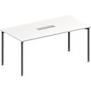 Schäfer Shop Mesa de conferencias Genius, panel de conexión de mesa de 6 vías, rectangular, tubo redondo de 4 bases, ancho 1600 x fondo 800 x alto 720-840 mm, aluminio blanco/blanco RAL 9006