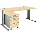 Schäfer Shop Pure 2-delige kantoormeubelset PLANOVA BASIC, bureau, B 1600 mm, ahorn/wit aluminium, met kabelgoot + verrijdbaar onderstel 1233