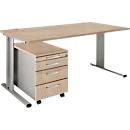 Schäfer Shop Pure 2-delige kantoormeubelset PLANOVA BASIC, bureau, B 1600 mm, eiken/wit aluminium, met kabelgoot + verrijdbaar onderstel 1233