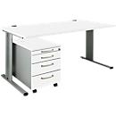 Schäfer Shop Pure 2-delige kantoormeubelset PLANOVA BASIC, bureau, B 1600 mm, wit/wit aluminium, met kabelgoot + verrijdbaar onderstel 1233