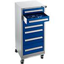 Schäfer Shop Pure Armoire à tiroirs SFR 70, 7 tiroirs, L 544 x P 500 x H 1215 mm, avec roulettes, alu blanc RAL 9006 bleu gentiane RAL 5010