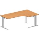 Schäfer Shop Pure Bureau d'angle PLANOVA BASIC, angle 90° à droite, pied en C, L 2000 x P 1200/800 x H 717 mm, hêtre/alu blanc + passage de câbles