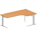 Schäfer Shop Pure Bureau d'angle PLANOVA BASIC, angle 90° à droite, pied en C, L 2000 x P 1200/800 x H 717 mm, hêtre/blanc + passage de câbles