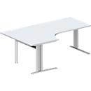 Schäfer Shop Pure Bureau d'angle PLANOVA BASIC, angle 90° gauche, pied en C, L 2000 x P 1200/800 x H 717 mm, gris clair/blanc alu + passage de câbles