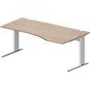 Schäfer Shop Pure Bureau PLANOVA BASIC, forme libre, approche à gauche, pied en C, L 1800 x P 1000/800 x H 717 mm, chêne/alu blanc + passage de câbles