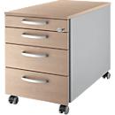 Schäfer Shop Pure Caisson à roulettes 1233, 3 tiroirs &amp; 1 tiroir à ustensiles, verrouillable, poignées rondes, L 435 x P 765 x H 577 mm, alu blanc/alu blanc/décor chêne