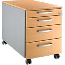 Schäfer Shop Pure Caisson à roulettes 1233, 3 tiroirs &amp; 1 tiroir à ustensiles, verrouillable, poignées rondes, L 435 x P 765 x H 577 mm, alu blanc/alu blanc/hêtre