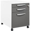 Schäfer Shop Pure Caisson à roulettes 126, tiroir à ustensiles + 2 tiroirs, verrouillable, poignées métalliques rondes, L 434 x P 600 x H 570 mm, blanc/anthracite