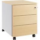 Schäfer Shop Pure Caisson à roulettes 333, corps en acier, façade en bois, roulettes, verrouillable, L 435 x P 565 x H 567 mm, 3 tiroirs, érable/aluminium blanc