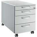 Schäfer Shop Pure Caisson roulant 1233, 3 tiroirs &amp; 1 tiroir à ustensiles, verrouillable, poignées rondes, L 435 x P 765 x H 577 mm, alu blanc/gris clair/gris clair