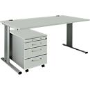 Schäfer Shop Pure Juego de muebles de oficina de 2 piezas PLANOVA BASIC, escritorio, ancho 1600 mm, aluminio gris claro/blanco, con canal para cables + cajonera móvil 1233