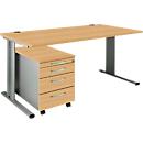 Schäfer Shop Pure Juego de muebles de oficina de 2 piezas PLANOVA BASIC, escritorio, ancho 1600 mm, haya/aluminio blanco, con canal para cables + cajonera móvil 1233